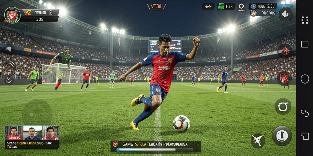 Screenshot utama VT38 menampilkan aksi seru sepak bola dalam permainan.